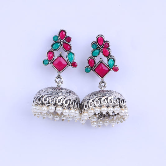 Multicolored Stone Studded German Silver Dangler Earrings With Brass Jhumki