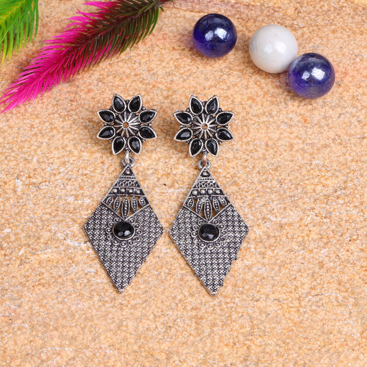 Black Stone Studded Statement German Silver Dangler Earrings