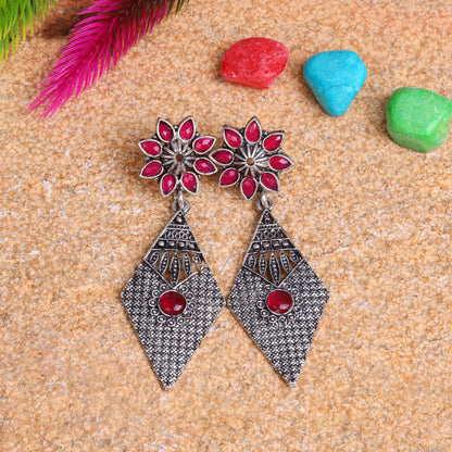 Red Stone Studded Statement German Silver Dangler Earrings