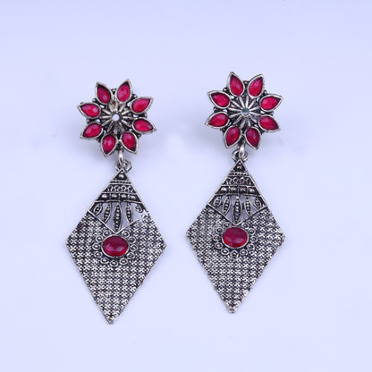 Red Stone Studded Statement German Silver Dangler Earrings