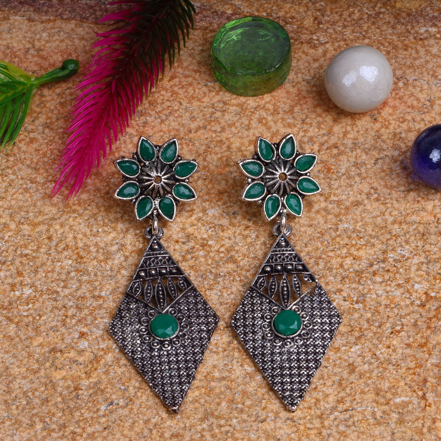 Green Stone Studded Statement German Silver Dangler Earrings