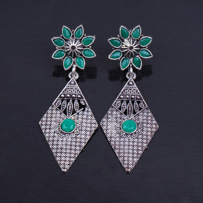 Green Stone Studded Statement German Silver Dangler Earrings