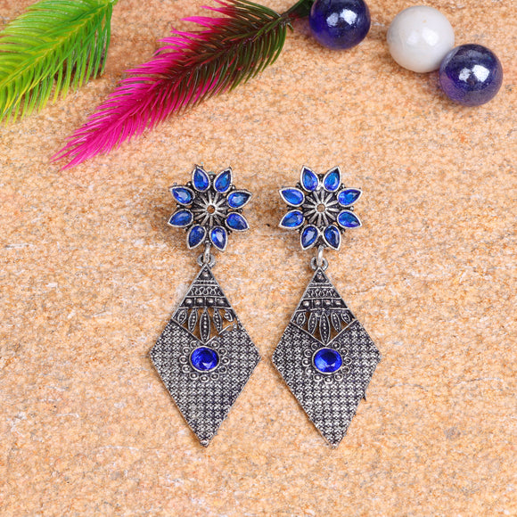 Blue Stone Studded Statement German Silver Dangler Earrings