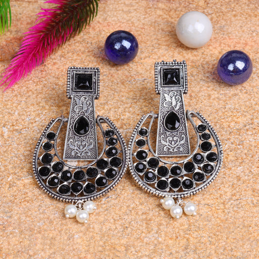 Black Stone Studded Statement German Silver Dangler Earrings