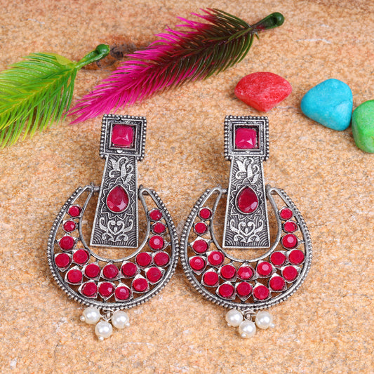 Red Stone Studded Statement German Silver Dangler Earrings