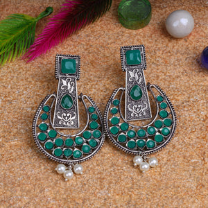 Green Stone Studded Statement German Silver Dangler Earrings