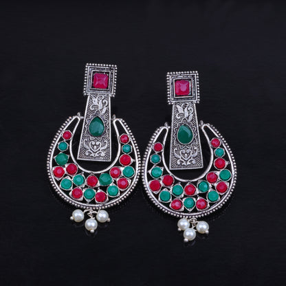 Multicolored Stone Studded Statement German Silver Dangler Earrings