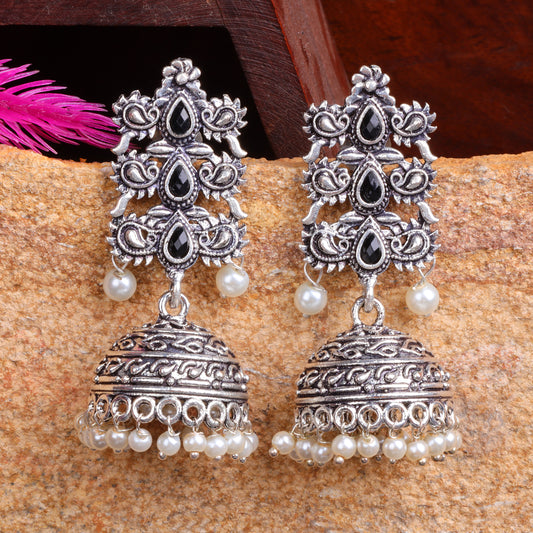 Black Stone Studded Statement German Silver Danglers With Brass Jhumki