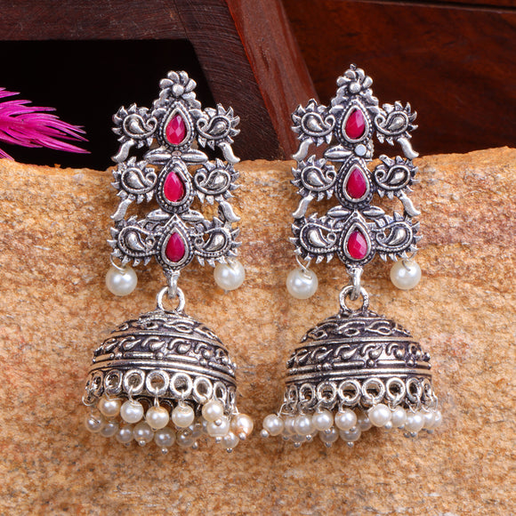 Red Stone Studded Statement German Silver Danglers With Brass Jhumki