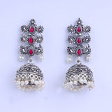 Red Stone Studded Statement German Silver Danglers With Brass Jhumki