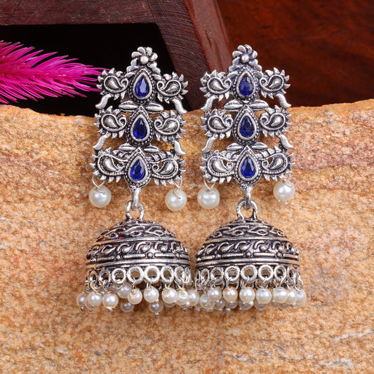 Blue Stone Studded Statement German Silver Danglers With Brass Jhumki