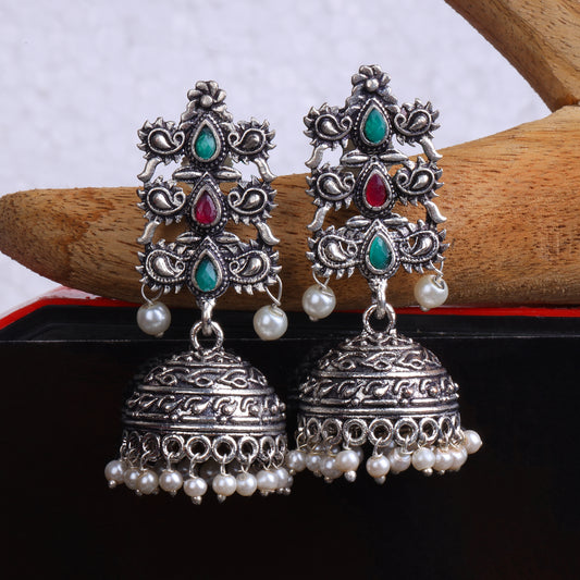 Multicolored Stone Studded Statement German Silver Danglers With Brass Jhumki