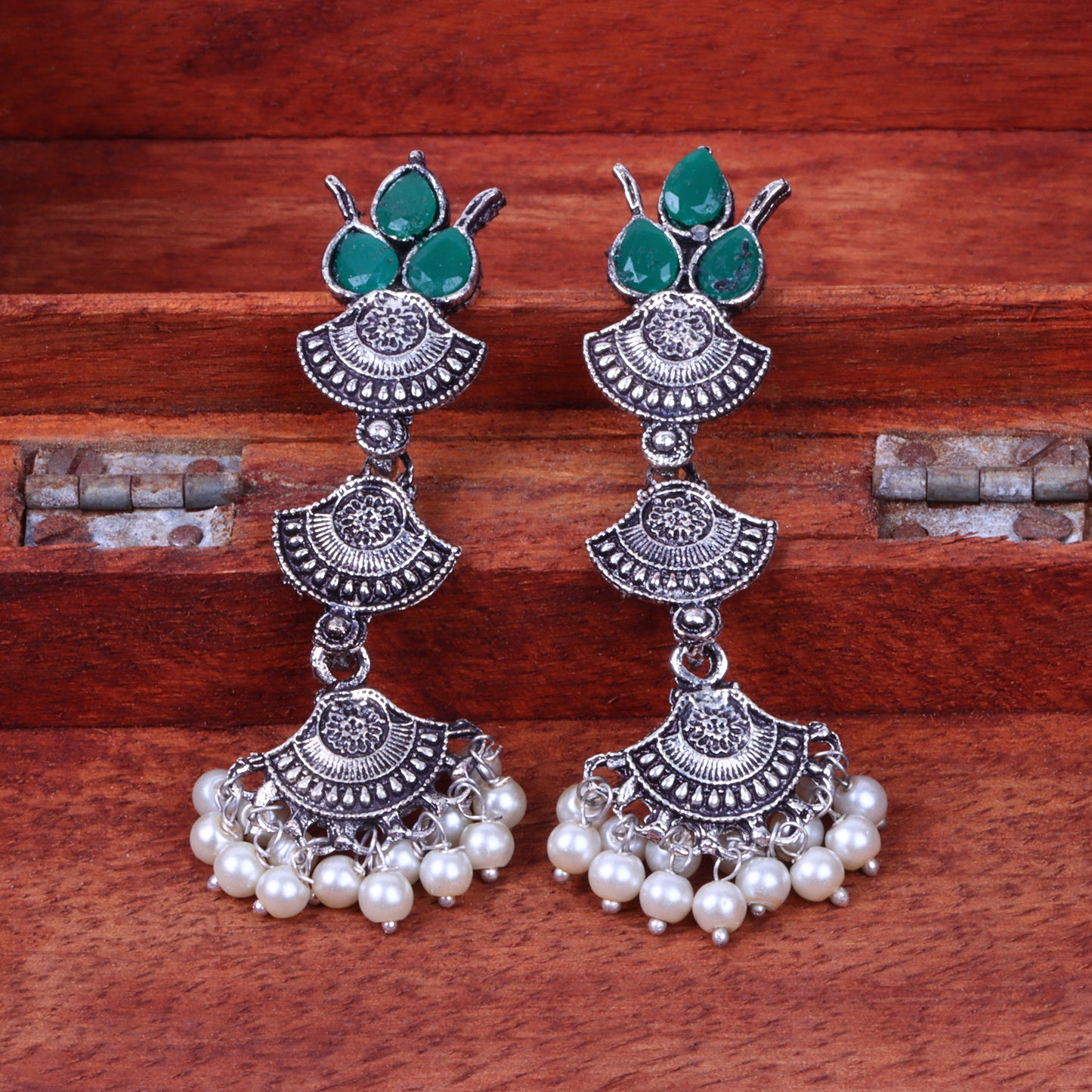 Green Stone Studded Triple Layered Beautiful German Silver Earrings