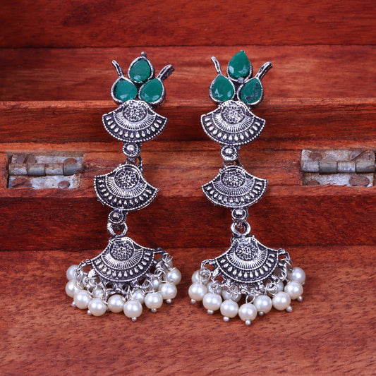 Green Stone Studded Triple Layered Beautiful German Silver Earrings