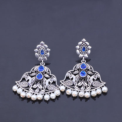 Blue Stone Studded Oxidised Danglers