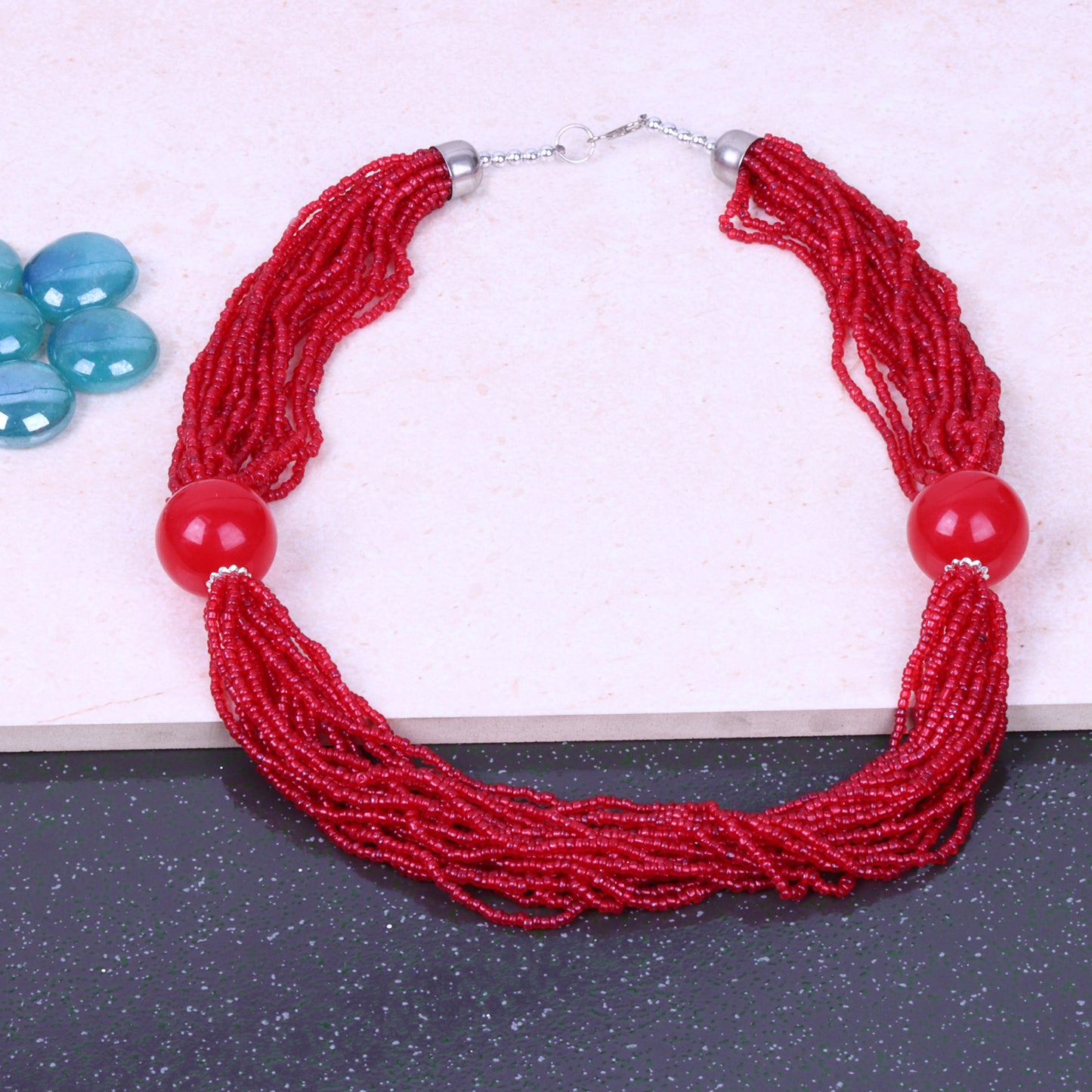 Korean Crystal Ball Studded Beautiful Statement Neckpiece (Red)