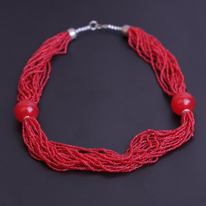 Korean Crystal Ball Studded Beautiful Statement Neckpiece (Red)