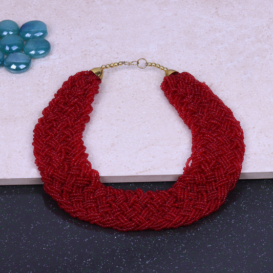 The Beauteous Braided Criss-Cross Beaded Neckpiece (Red)