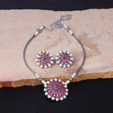 Stylish Brass Piped Neckpiece With Earrings Embellished With Red Stone And Pearls