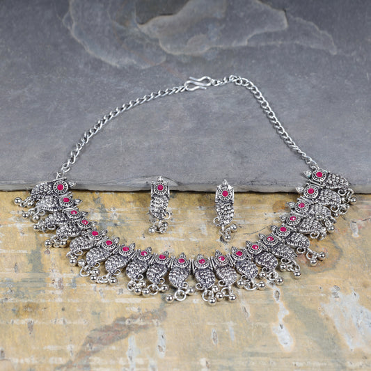 Red Stone Studded Oxidised Statement Neckpiece